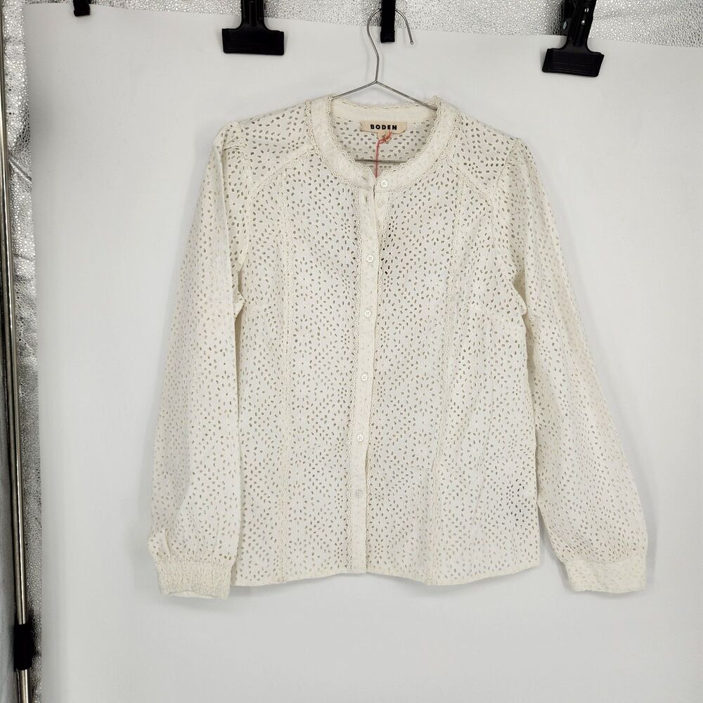 Boden Womens Size US 10 White Floral Broderie Rhea Trim Top NWT